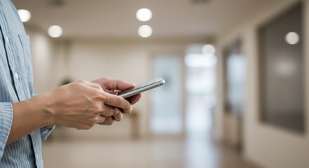 Person holding smartphone, blurred interior backdrop creates a modern, tech-driven atmosphere