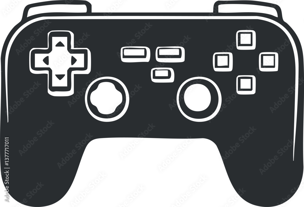 Aufkleber black and white outline illustration of a video game controller with buttons and joysticks.