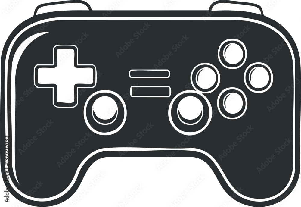 Poster black and white outline illustration of a game controller with buttons and directional pad.