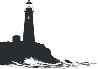 Silhouette of a lighthouse on a rocky coast with waves in a minimalist design.