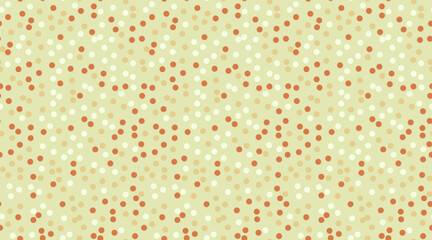 Abstract pastel confetti pattern.  Delightful, whimsical design featuring soft orange, beige, and white dots on a pale green background.