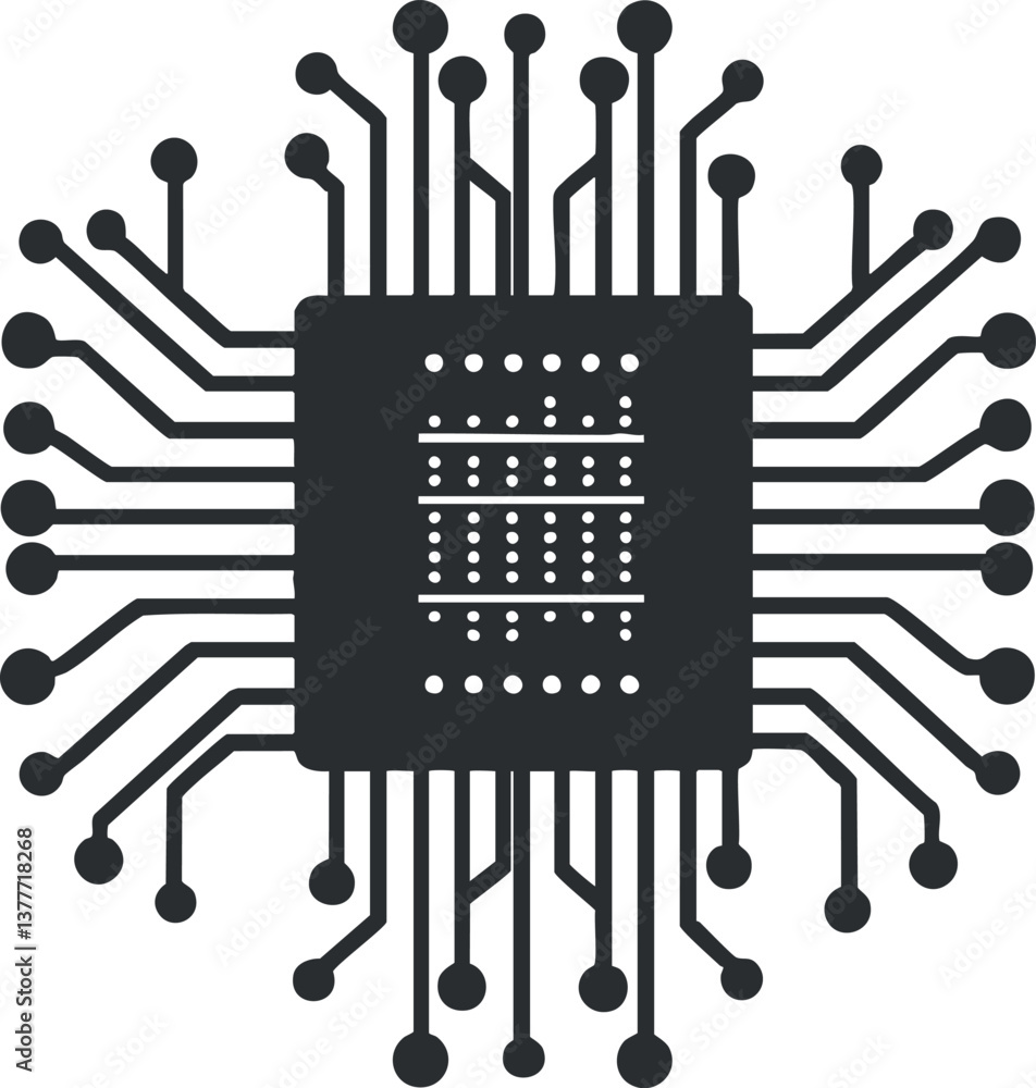 Poster abstract black microchip illustration with intricate circuit lines extending outward.