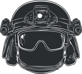 Fototapeta premium Black and white illustration of a tactical military helmet with goggles and night vision gear.
