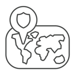 World map and location pin thin line icon, tropical voyage concept. Vector graphics. Map pin with safety emblem, navigation sign on white background, outline style icon for mobile or web design.