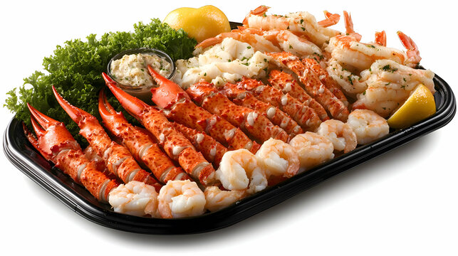 A high-end seafood platter featuring lobster tails, jumbo shrimp, and crab legs, served with garlic butter and lemon wedges