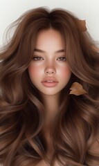 Naklejka premium Stunning close-up of a young woman with voluminous brown hair and soft makeup, accented by delicate autumn leaves, conveying a serene and captivating beauty