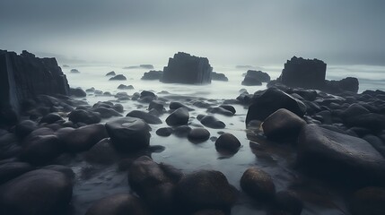 Obraz premium Dark Rocks and Misty Ocean Waves at Dawn