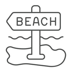 Signpost at sea beach thin line icon, tropical voyage concept. Vector graphics. Beach entrance, direction plank pole sign on white background, outline style icon for mobile or web design.