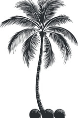 Silhouette illustration of a coconut palm tree with detailed leaves and coconuts on the ground.