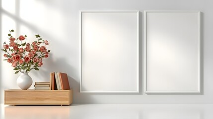 Bright Modern Interior Design Featuring Empty Picture Frames and a Floral Arrangement on Wood Table