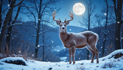 Majestic deer standing in snow under a full moon  