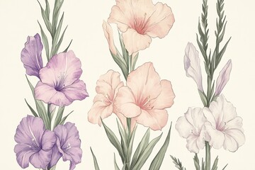 Fototapeta premium Colorful illustration of gladiolus flowers showcasing various shades and textures in a natural setting, capturing the beauty of floral artistry