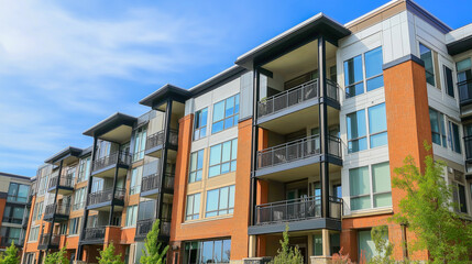 Modern apartment complex featuring multiple balconies in a vibrant urban setting