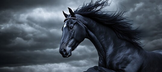 A slow-motion shot of a black stallion rearing up against a dramatic stormy sky