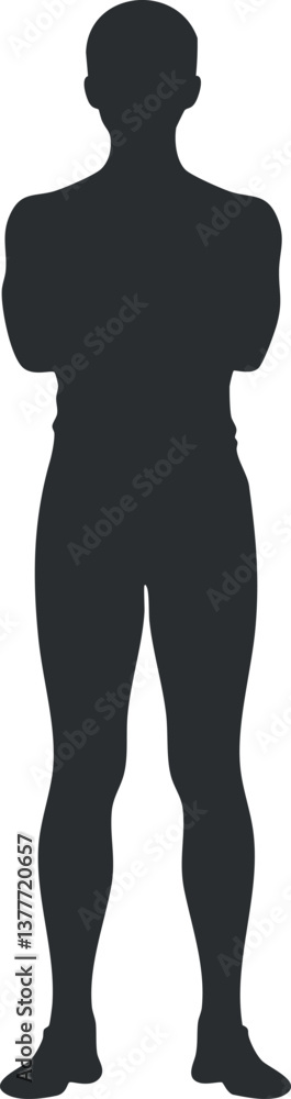 Poster silhouette of a man standing with arms crossed, creating a minimalist and abstract profile.