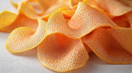 Fototapeta premium Close-up of textured orange peels showing fibrous citrus fibers on matte background
