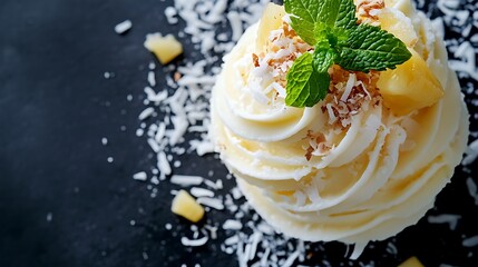 Delicious pineapple soft serve with coconut flakes and mint leaves