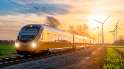 Fototapeta premium Modern Train Speeding Along Railway Tracks at Sunset with Wind Turbines in a Rural Landscape