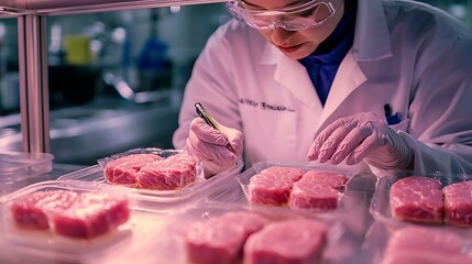 A scientist analyzes lab-grown meat samples in a modern kitchen, showcasing innovative technology in sustainable food production.