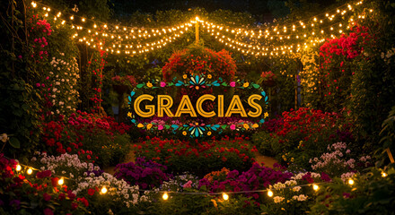 Illuminated Garden with Decorative Gracias Text and Fairy Lights at Night