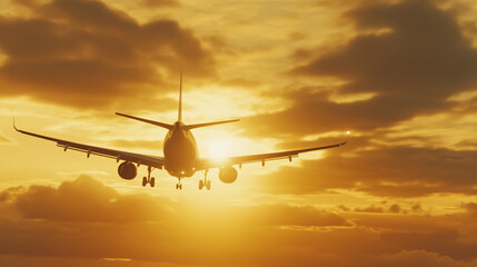 An airplane flying through a golden sky with clouds and the sun behind it at the sunset time