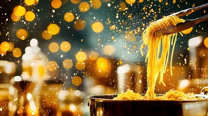 Golden Cooked Pasta Being Lifted with Tongs Against a Blurred Bokeh Background of Festive Lights