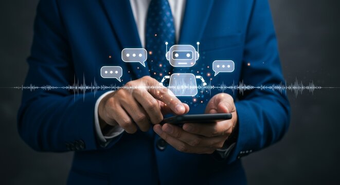 Engaging with AI: A Person in a Suit Interacting with a Chatbot on a Smartphone - Powered by Adobe