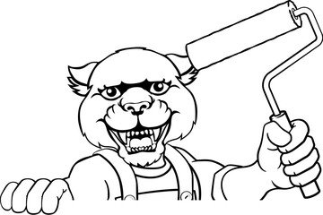 A panther painter decorator handyman cartoon construction man mascot character holding a paint roller tool