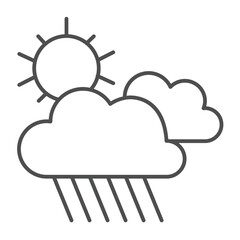 Weather with rainy clouds and sun thin line icon, tropical voyage concept. Vector graphics. Cloudy weather sky sign on white background, outline style icon for mobile or web design.