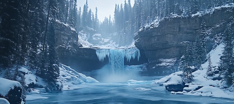 A slow-shutter shot of a glacial river flowing over frozen rocks, mist rising from the icy waters