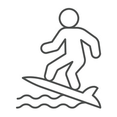 Surfer man on sea wave thin line icon, tropical voyage concept. Vector graphics. Surfboard with surfer, water sport sign on white background, outline style icon for mobile or web design.