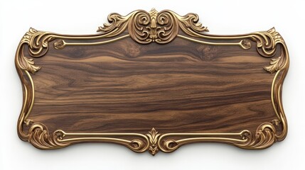 A wooden sign featuring a decorative golden ornate frame