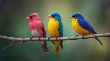 Obraz premium Three vibrant birds perched on a branch, showcasing a stunning array of colors in a natural setting.