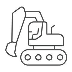 Obraz premium Crawler excavator with bucket thin line icon, making road concept. Vector graphics. Excavator vehicle, heavy transport sign on white background, outline style icon for mobile or web design.