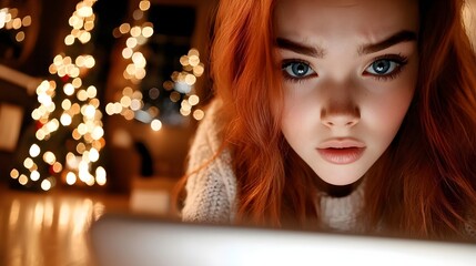 Young Girl with Red Hair Concentrating on Laptop Surrounded by Christmas Lights in Cozy Indoor Setting