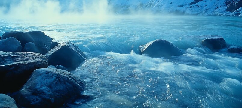 A slow-shutter shot of a glacial river flowing over frozen rocks, mist rising from the icy waters