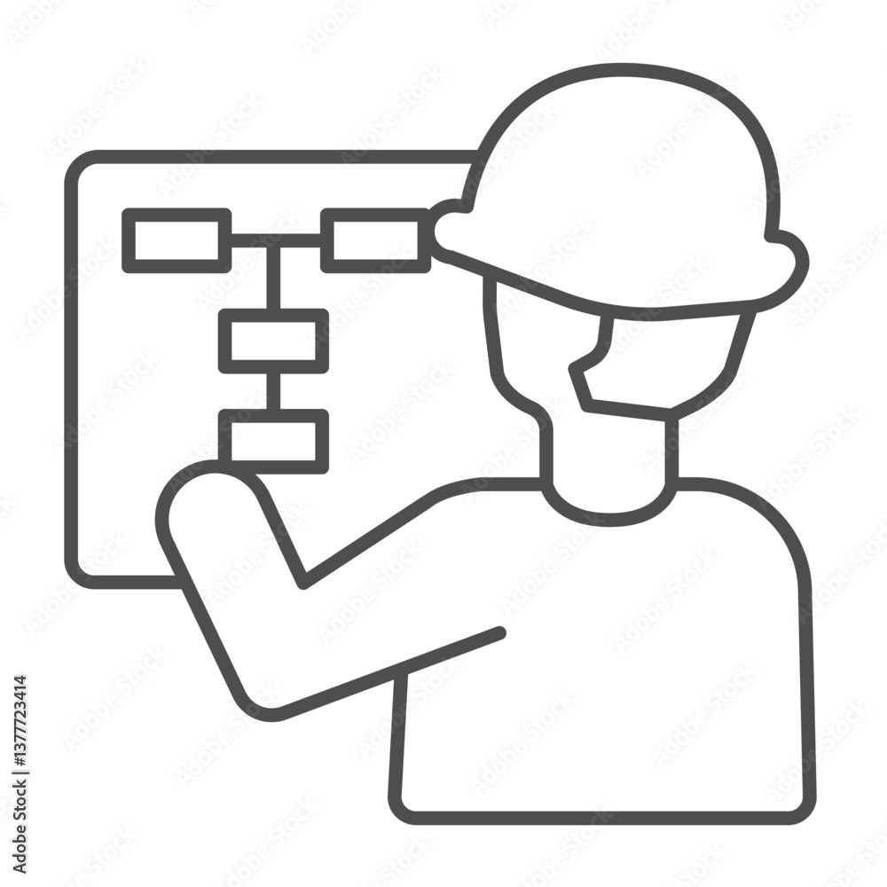 Poster engineer with helmet and schedule paper thin line icon, making road concept. vector graphics. man wi