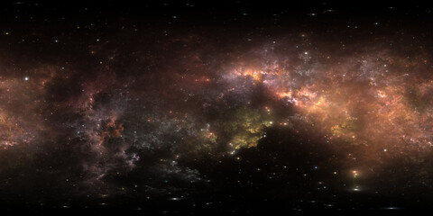 360 degree space nebula. Giant interstellar cloud with stars, equirectangular projection, environment map. Spherical panorama. 3d illustration