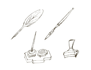アンティークな文房具の手描きイラスト