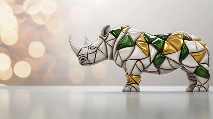 Decorative Rhinoceros Sculpture in White, Green, and Gold Colors with Bokeh Background