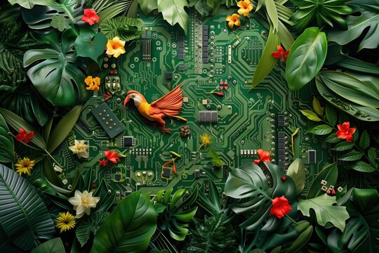 Fusion of nature and technology in a stylized tropical scene featuring a circuit board surrounded by jungle elements and vivid flora and fauna