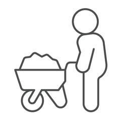 Fototapeta premium Man with sand wheelbarrow thin line icon, making road concept. Vector graphics. Human and trolley with sand, construction sign on white background, outline style icon for mobile or web design.