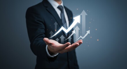 Suit-clad individual presents a glowing upward arrow showcasing growth potential