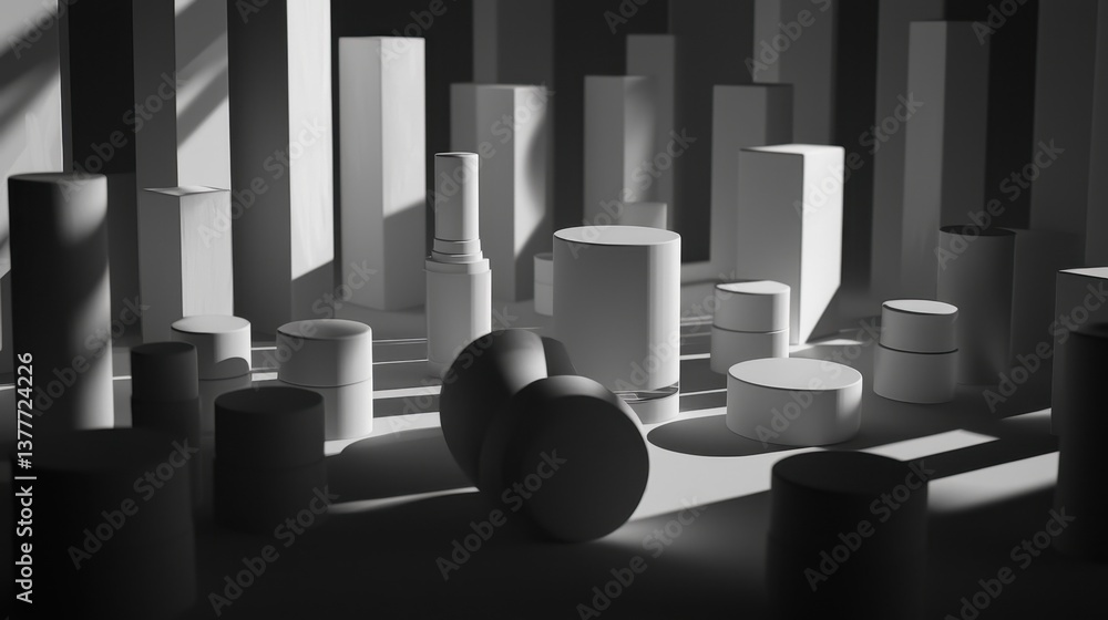 Poster a monochromatic arrangement of geometric shapes and forms, creating intriguing shadows and light con