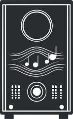 Black and white illustration of a vintage speaker with musical notes and sound waves.