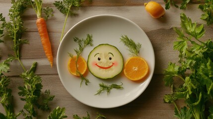 Happy Veggie Plate on Wooden Table
