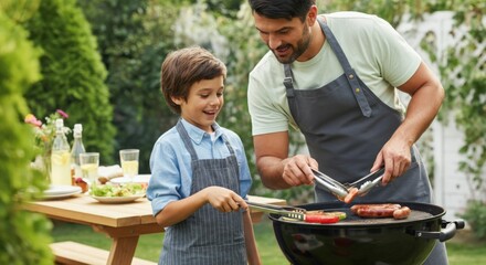 Father and son grilling sausages and vegetables in backyard during sunny afternoon