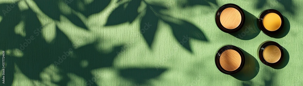 Poster a serene composition featuring circular objects casting shadows on a textured green background, with