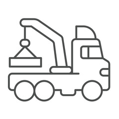 Truck with crane and stove thin line icon, making road concept. Vector graphics. Crane vehicle, heavy transport sign on white background, outline style icon for mobile or web design.