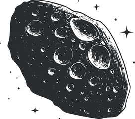 Black and white illustration of an asteroid in space with stars in the background.